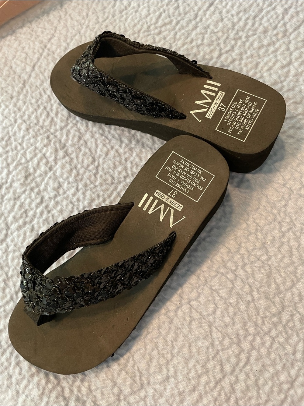 Ami Black Jeweled Platform Thong Sandals